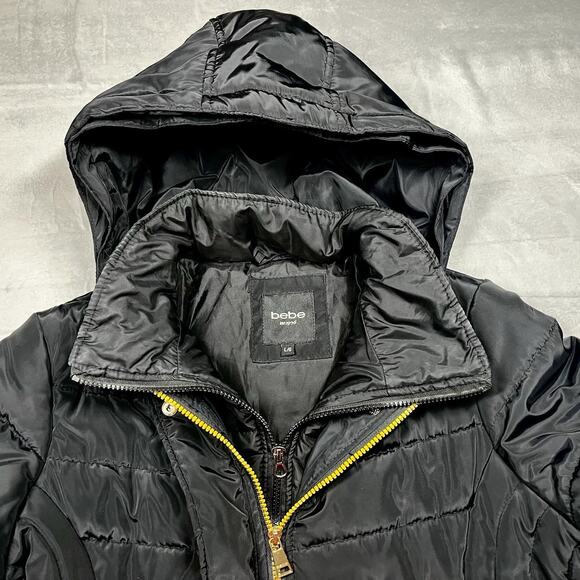 Bebe Long Black Puffer Coat Belted Gold Accents Womens L Double Zipper Hooded - Picture 2 of 16